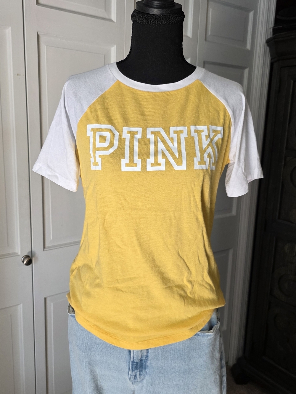 PINK Victoria's Secret Yellow Raglan Tee Y2K 90s Streetwear Basic  Colorful